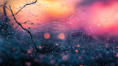 A close-up of dew-laden spider web threads, with blurred background of a colorful morning sky.の素材