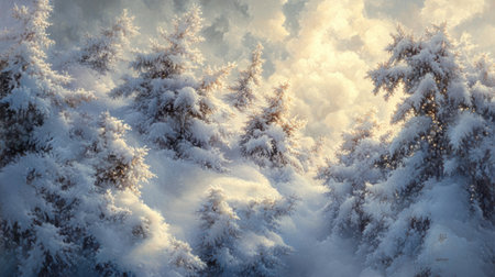 A cluster of snow-covered pine branches shimmering in the radiant glow of sunlight.の素材