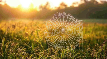 A delicate spider web glistening with morning dew, set against a soft sunrise glow in a serene meadow.の素材