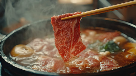 A close-up shot of chopsticks lifting a beef slice and placing it carefully into a shabu hot pot filled with broth.の素材