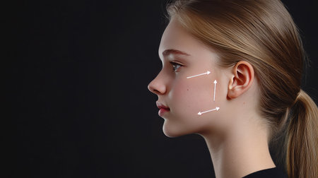 A young woman's side profile with white arrows indicating tightening and lifting areas on her neck and jaw.の素材