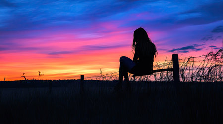 A girl's silhouette sitting on a fence, with a pastel sunset painting the sky behind her.の素材