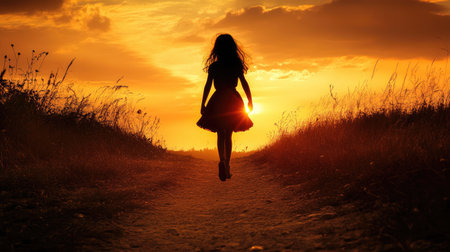 A girl's silhouette walking along a countryside path, with the setting sun casting long shadows.の素材