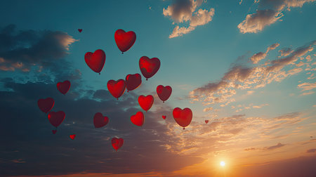 A group of heart-shaped balloons soaring high in the sky, creating a sense of celebration.の素材