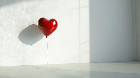 A single shiny red heart balloon floating gently in a white minimalist room.の素材