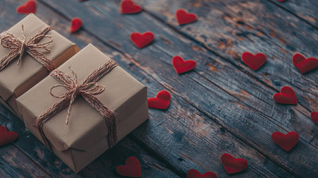 A pair of matching gift boxes tied with bows, surrounded by red hearts on a wooden surface.の素材