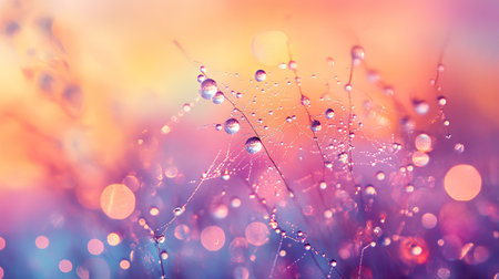A close-up of dew-laden spider web threads, with blurred background of a colorful morning sky.の素材
