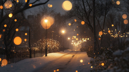 Blurred bokeh from streetlights casting warm amber glows on a chilly winter night.の素材
