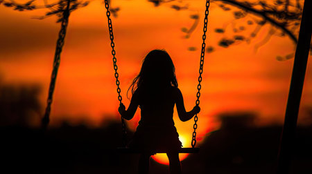 A girl standing on a swing set, her silhouette highlighted by the orange glow of the setting sun.の素材