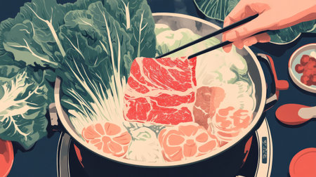 A hand carefully placing a slice of beef into a simmering shabu pot with chopsticks, surrounded by fresh vegetables.の素材
