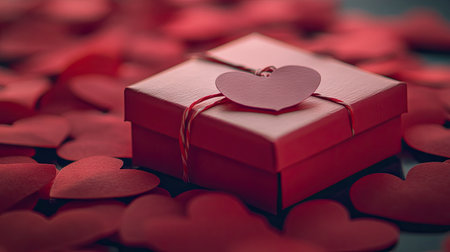 A small, red gift box with a heart-shaped tag, resting among red paper hearts.の素材
