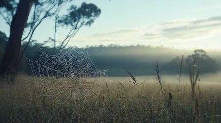 A dew-covered spider web set against a misty rural landscape with trees in the background.の素材
