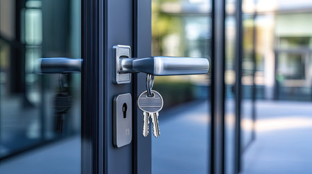 A heavy security door with keys in the lock, offering high-level protection for a building.の素材