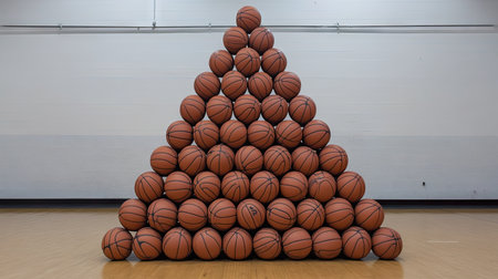 A pyramid of basketballs stacked neatly on the gym floor, ready for drills and training sessions.の素材
