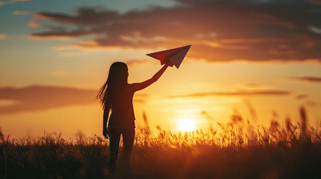 A girl's silhouette holding a paper airplane, ready to throw it into the glowing sunset.の素材