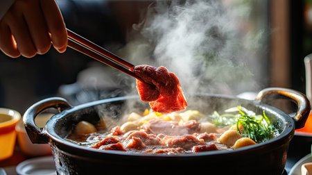 A hand with chopsticks delicately adding beef into a shabu hot pot, with hot steam rising from the broth.の素材