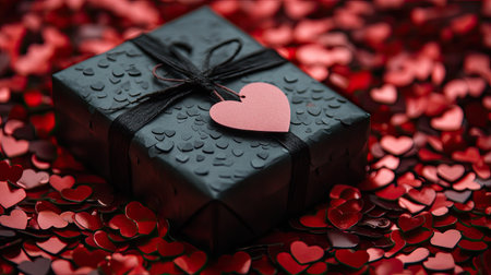 Close-up of a beautifully wrapped gift box with a heart-shaped tag, set among red confetti hearts.の素材
