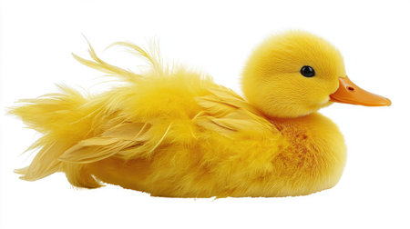 A single duck with bright yellow feathers, isolated on a white background, showcasing its adorable features.の素材