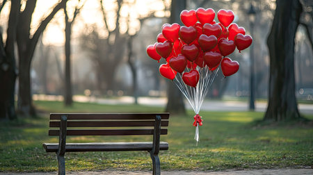A large cluster of red heart balloons tied to a bench in a serene park on Valentine's Day.の素材