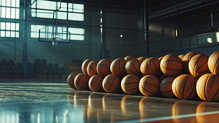 Basketballs stacked high in the gym, ready for a practice session with a professional court setup.の素材
