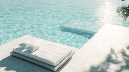 A minimalist bed beside a pristine swimming pool, with soft sunlight reflecting off the calm water.の素材