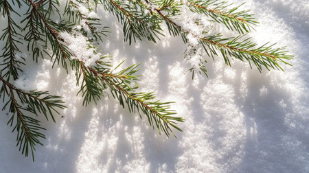 A snowy pine branch casting shadows on the ground, with the sunlight breaking through the trees.の素材