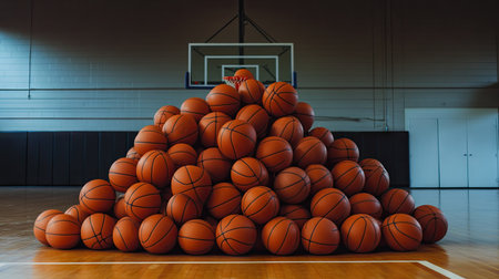 A pile of basketball balls stacked in a gym, with the basketball court and net visible in the background.の素材