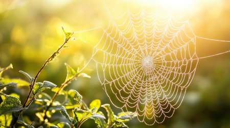 A spider web spread across a bush, glistening like tiny pearls under the golden morning light.の素材