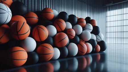 Basketball balls stacked inside the gym, showcasing the texture and colors of the balls against a polished floor.の素材