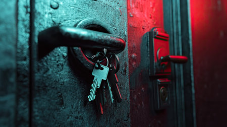 A set of keys in front of a heavy-duty security door, showcasing strong, secure entry.の素材