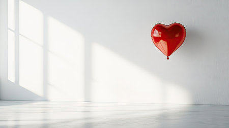 A single shiny red heart balloon floating gently in a white minimalist room.の素材