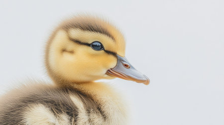 A small duckling with soft yellow feathers and an inquisitive look, against a clean white background.の素材