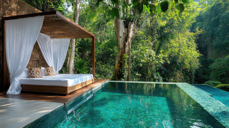 A relaxing bed placed next to a clear blue swimming pool, perfect for quiet moments in nature.の素材