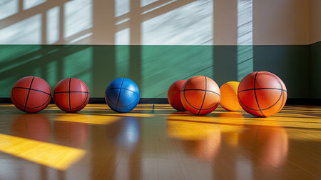 Basketball balls stacked inside the gym, showcasing the texture and colors of the balls against a polished floor.の素材