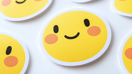 Bright yellow smiley face sticker placed neatly on a crisp white background, creating a cheerful vibe.の素材
