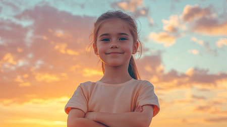 A young girl standing with her arms crossed against the deepening colors of a vivid sunset sky.の素材