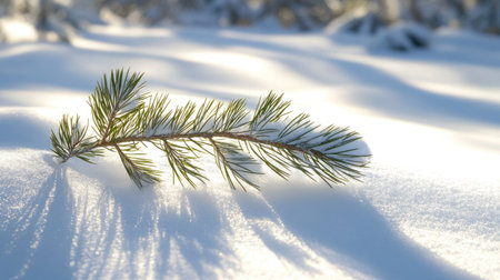 A snowy pine branch casting shadows on the ground, with the sunlight breaking through the trees.の素材