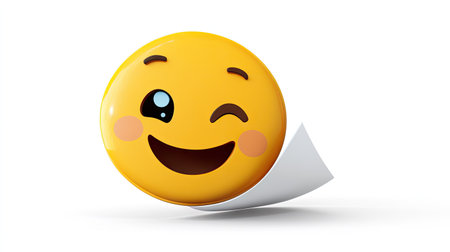 A playful yellow smiley face sticker tilted slightly on an empty white background.の素材