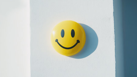 Bright yellow smiley face sticker placed neatly on a crisp white background, creating a cheerful vibe.の素材
