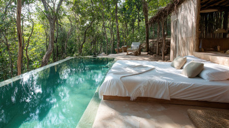 A relaxing bed placed next to a clear blue swimming pool, perfect for quiet moments in nature.の素材