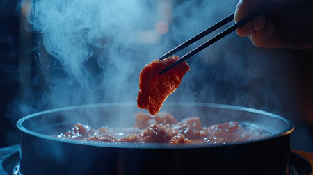 Chopsticks in hand with a beef slice, ready to drop it into a hot, bubbling shabu pot for a delicious meal.の素材