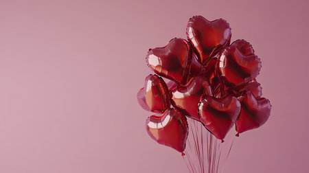Bouquet of metallic red heart balloons floating against a pastel pink background.の素材
