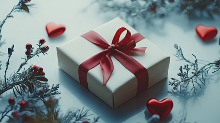 A single, elegant gift box tied with a red ribbon, surrounded by heart decorations on a white table.の素材