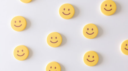 A series of yellow smiley face stickers lined up diagonally on a white backdrop.の素材