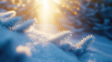 Close-up of frosted pine needles with snow, illuminated by a soft beam of sunlight.の素材
