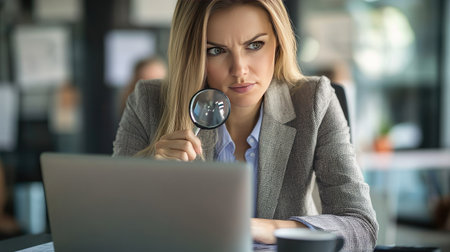 Businesswoman at work, zooming in on market trends using a magnifying glass on her laptop screen.の素材