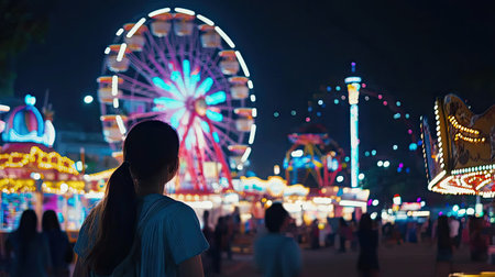 Blurred lights from a distant carnival creating vibrant, scattered bokeh on a dark night.の素材
