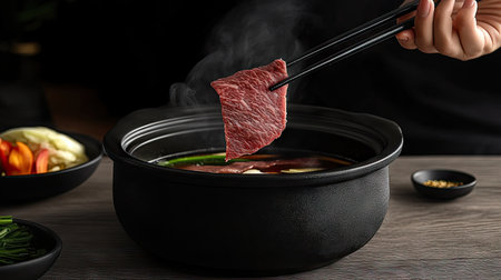 Chopsticks in hand dipping a thin slice of beef into a steaming hot pot filled with savory broth and vegetables.の素材
