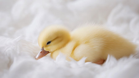 Bright yellow duckling resting comfortably on a white backdrop, its feathers fluffy and soft.の素材