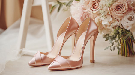 Beautiful high heel wedding shoes with satin finish, delicately positioned beside a bridal bouquet.の素材